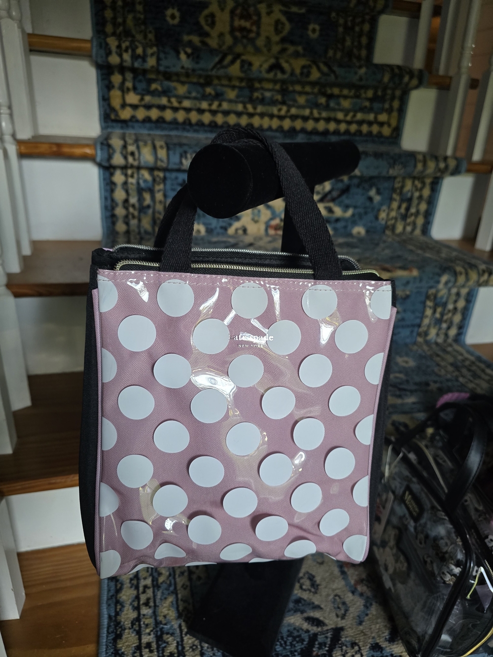 kate spade Pink and White Polka Dot Coated Canvas Insulated Lunch Tote